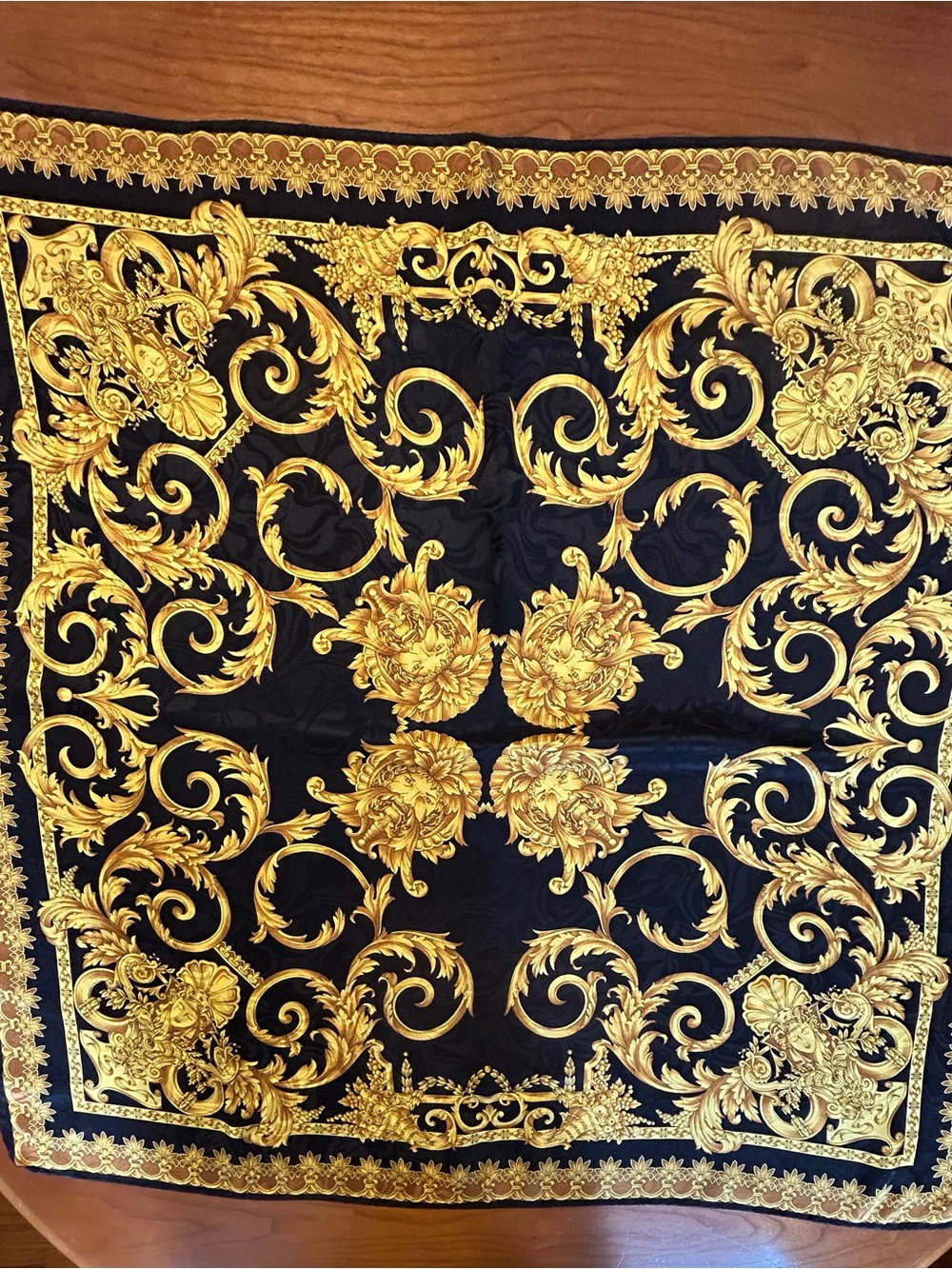 Vintage Italian Silk Scarf Black Gold Baroque Scroll Print Square 33x33